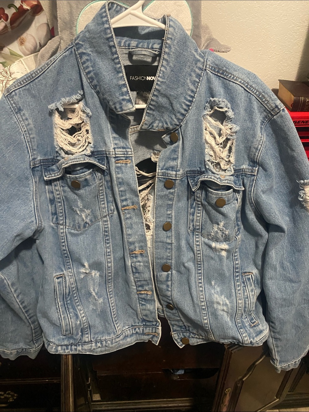 Fashion Nova Light Blue Distressed Denim Jean Jacket